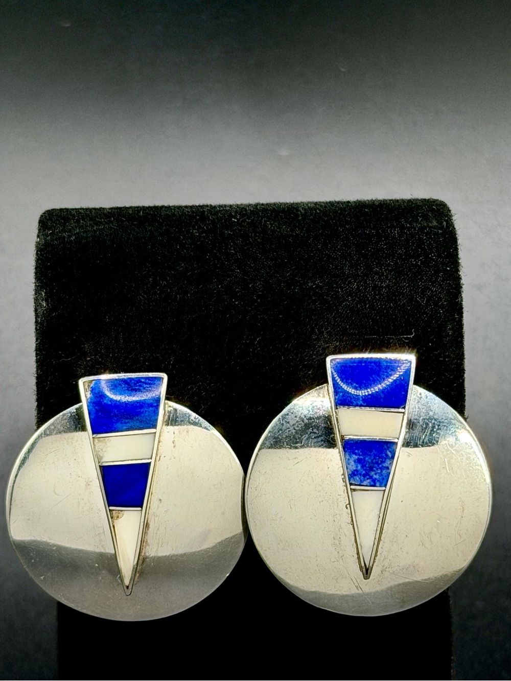 VTG STC Skyway Trading Sterling Silver Lapis Inlay Earrings Modernist Southwest